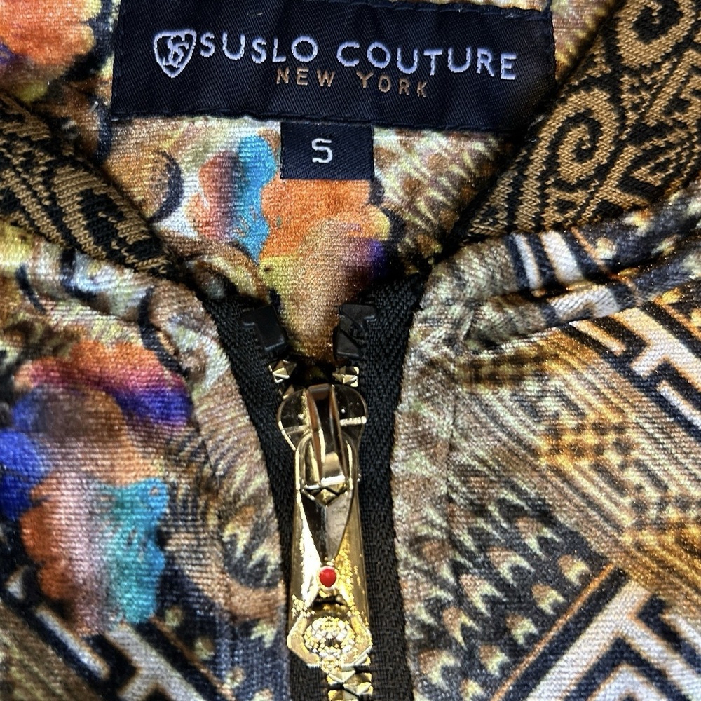 SUSLO COUTURE Multicolor Bomber Jacket sz S Bold Lightweight Velvet Streetwear - Picture 8 of 12